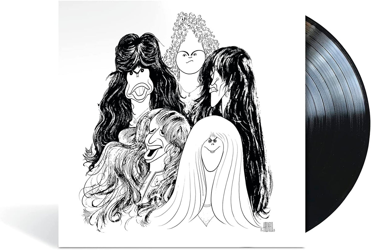 "Vinyl record sleeve with black and white cartoon illustration of Aerosmith band members."