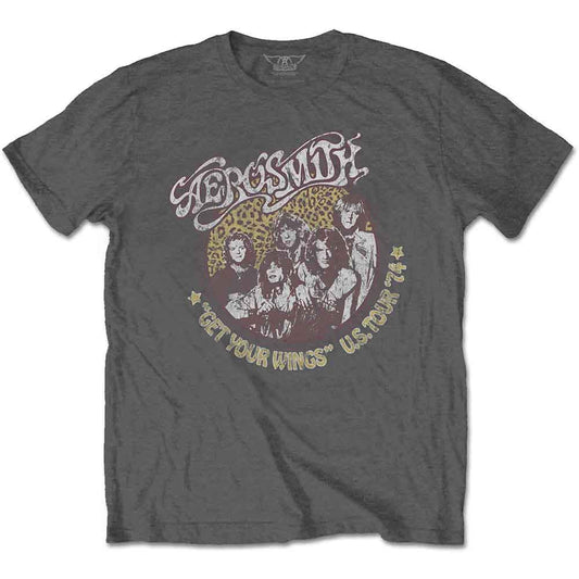 Charcoal t-shirt with Aerosmith’s “Get Your Wings” album artwork graphic.