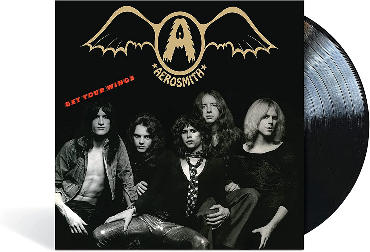Aerosmith’s “Get Your Wings” vinyl record cover with band photo.