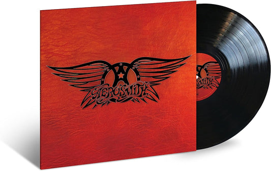 Aerosmith’s “Greatest Hits” vinyl record with red cover and winged logo.