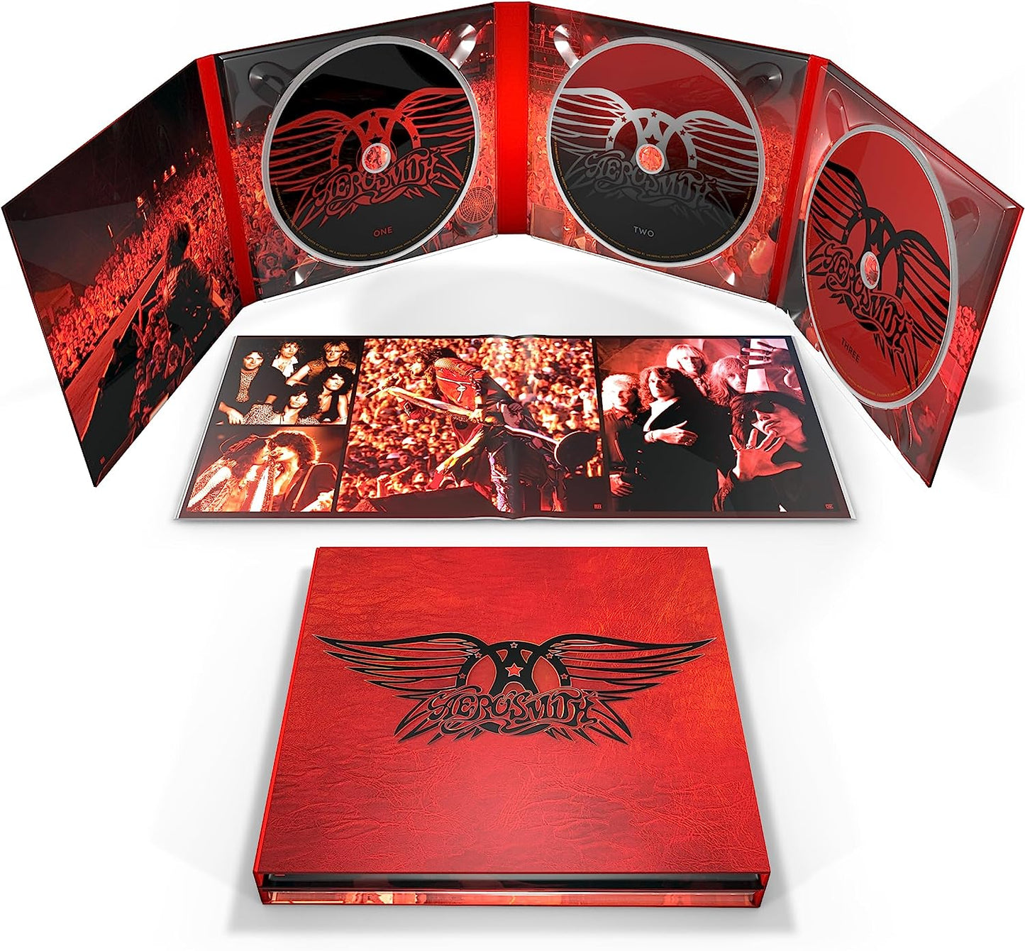 Aerosmith Greatest Hits 3CD set with red textured case, discs, and concert photos.