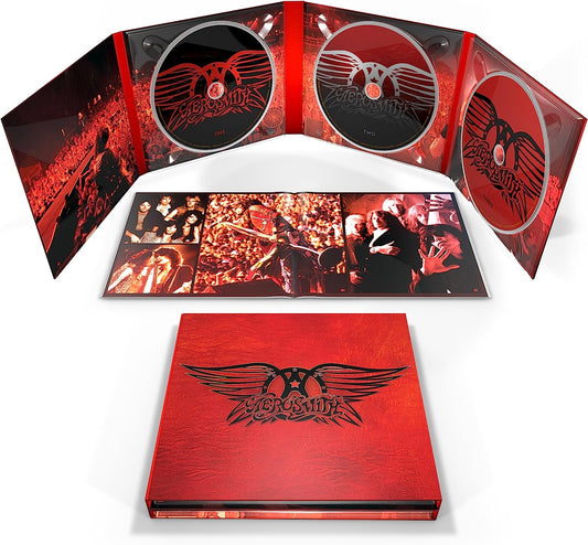 Aerosmith Greatest Hits 3CD set with red textured case, discs, and concert photos.