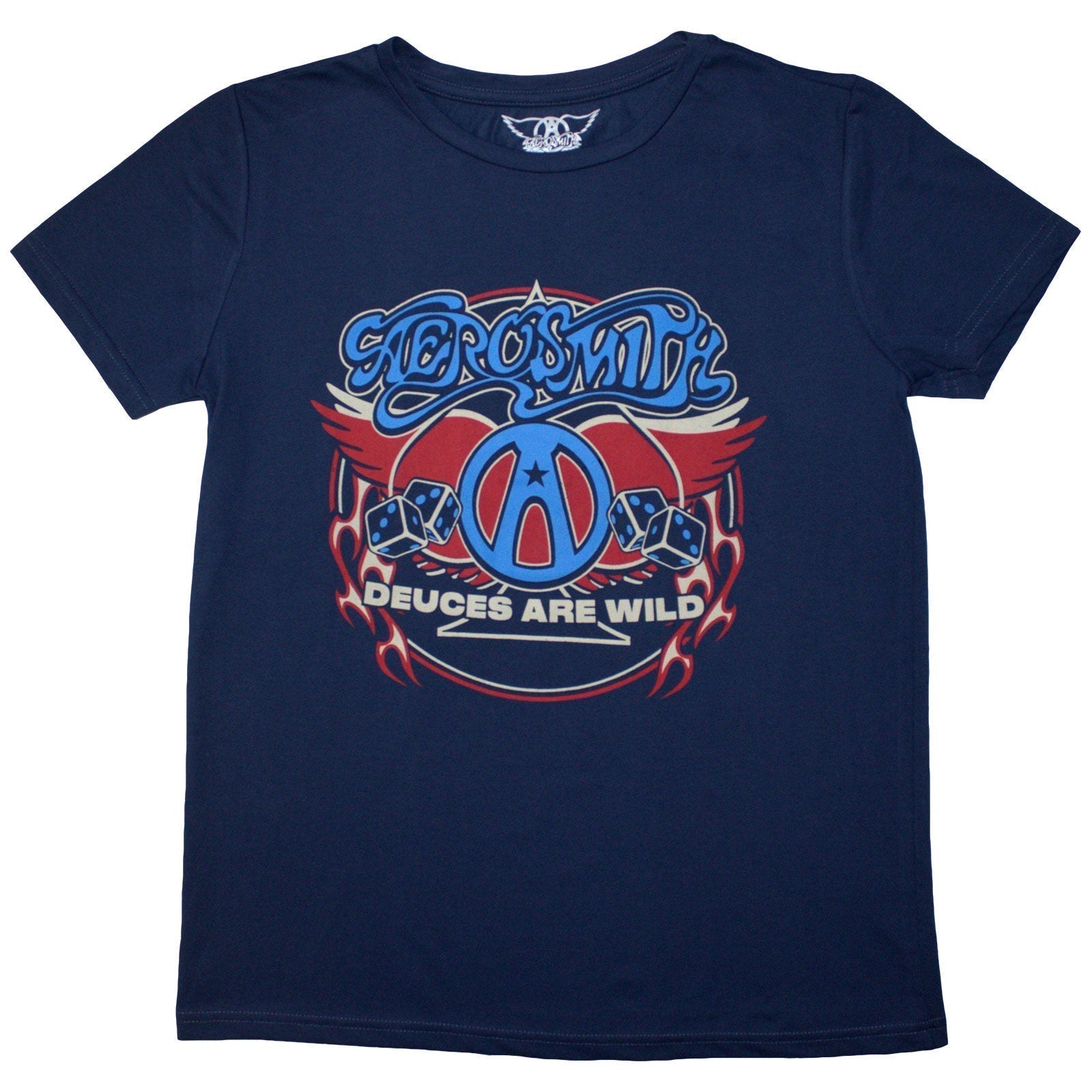 Black ladies t-shirt featuring a colorful Aerosmith rainbow spade logo on the front.