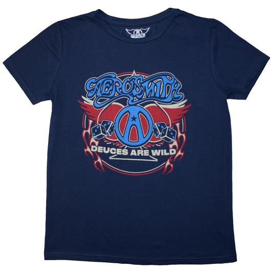 Black ladies t-shirt featuring a colorful Aerosmith rainbow spade logo on the front.