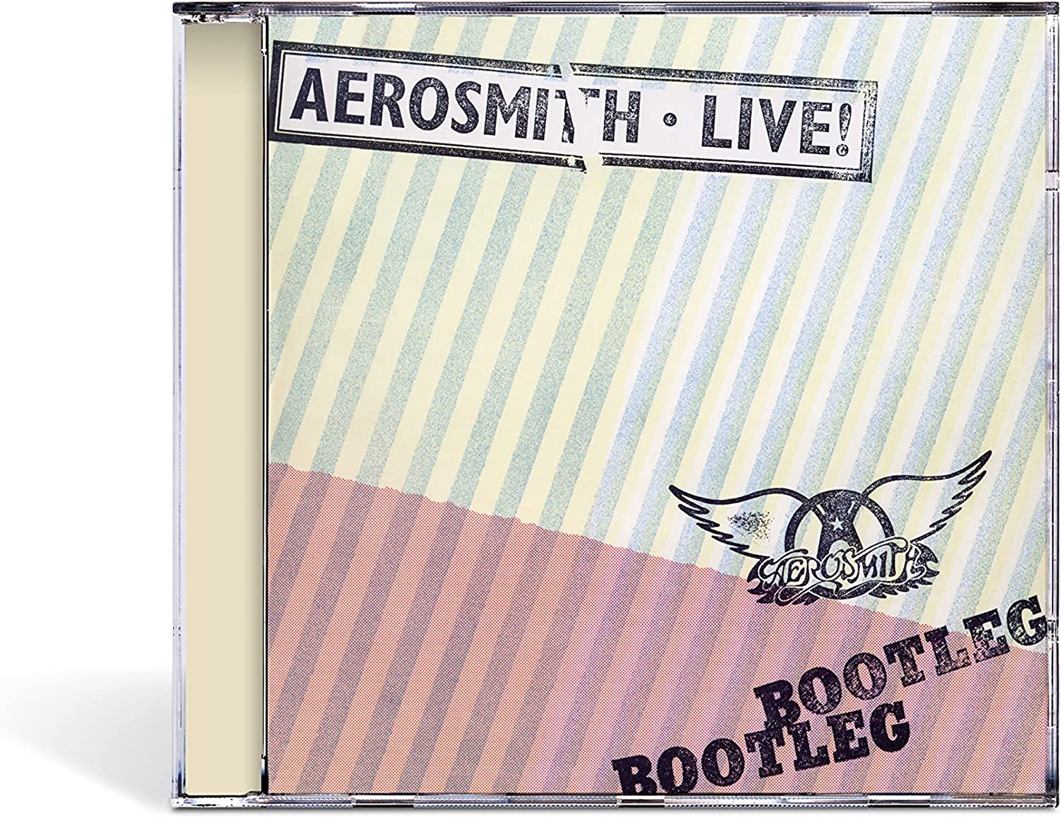 "Aerosmith Live! Bootleg" CD case with striped cover art and winged logo on a white background.