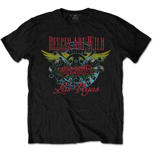 Black Aerosmith t-shirt with "Deuces Are Wild" and dice graphic.
