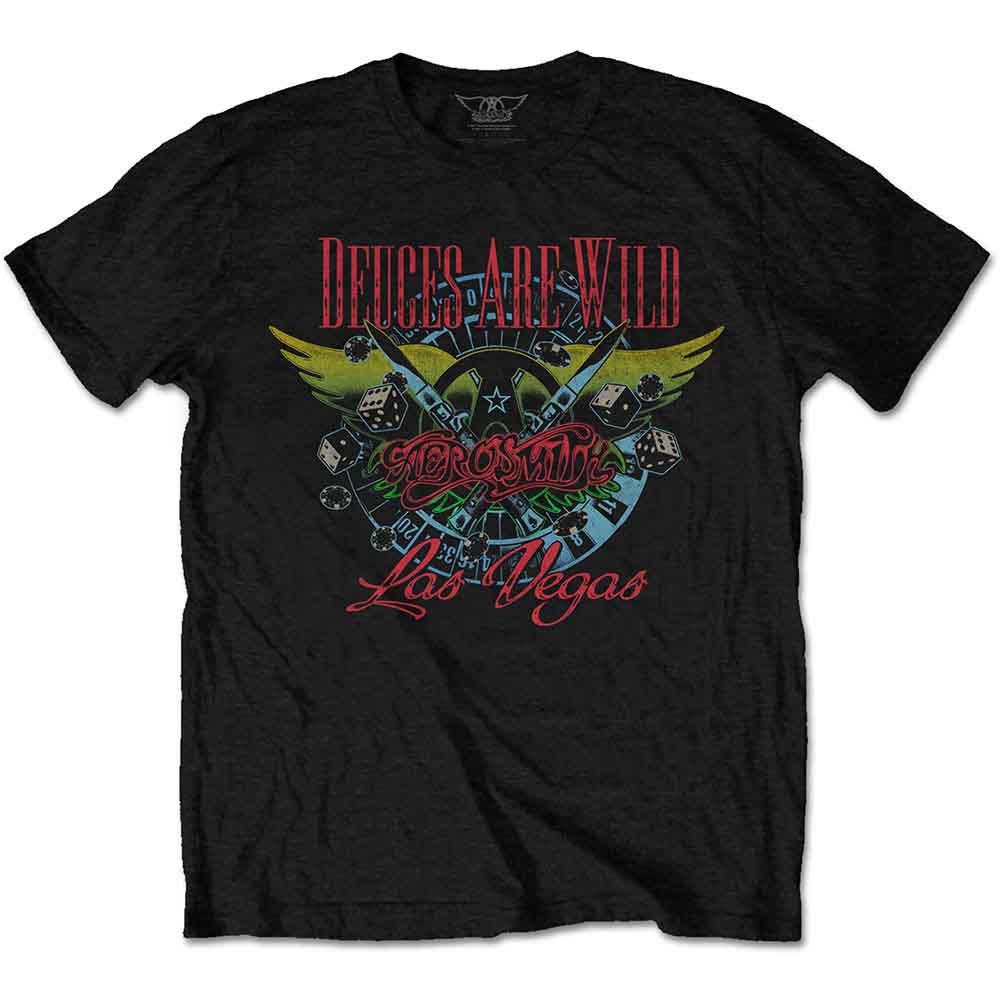 Black Aerosmith t-shirt with "Deuces Are Wild" and dice graphic.