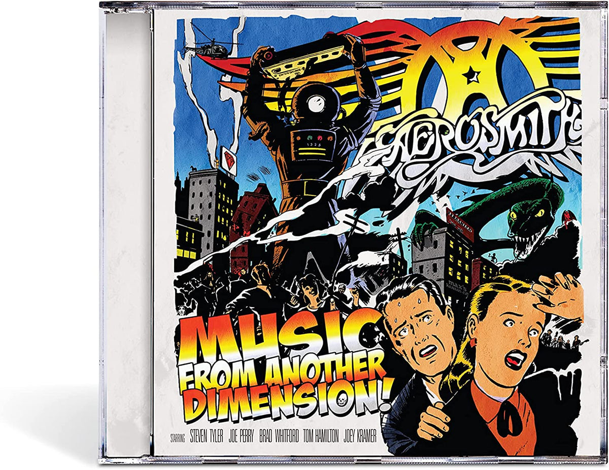 "CD case with Aerosmith album cover, featuring cartoon artwork and band members' names."