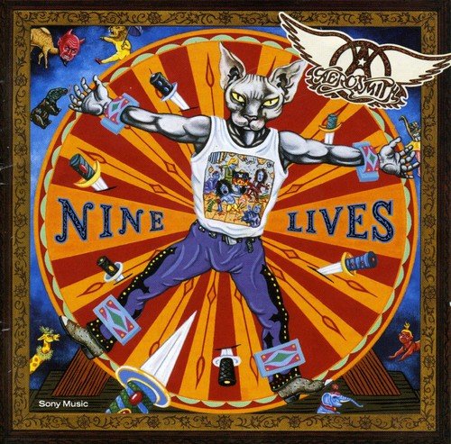 Aerosmith "Nine Lives" CD cover with a cat figure and colorful wheel.