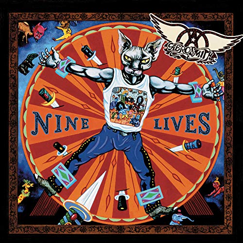 Album cover art featuring a cat-headed figure strapped to a spinning wheel with knives.