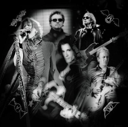 Black and white collage of the band Aerosmith performing with instruments and microphones.