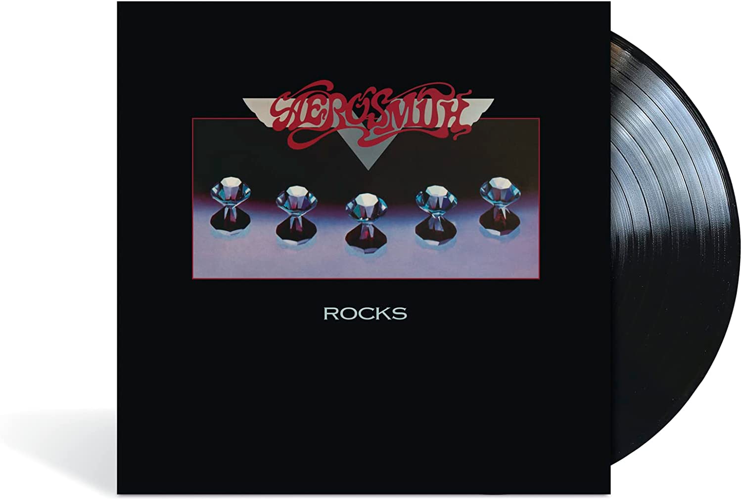 Aerosmith “Rocks” vinyl record with a black cover and jewel design.