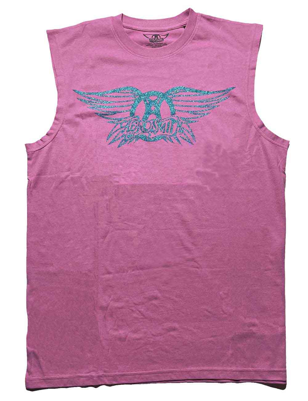 Black Aerosmith logo t-shirt with a glitter print design on a sleeveless vest top.