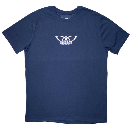 Black Aerosmith t-shirt with small white wings logo, size XX-Large.