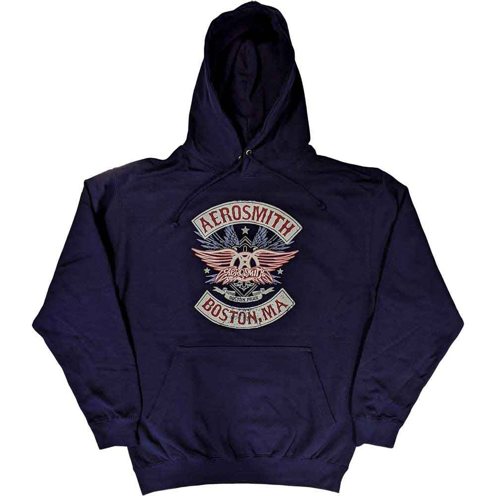 Navy Aerosmith hoodie with Boston-themed graphic, size X-Large.
