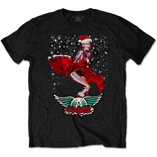 Man wearing a black t-shirt featuring a Robo Santa graphic with Aerosmith wings logo.
