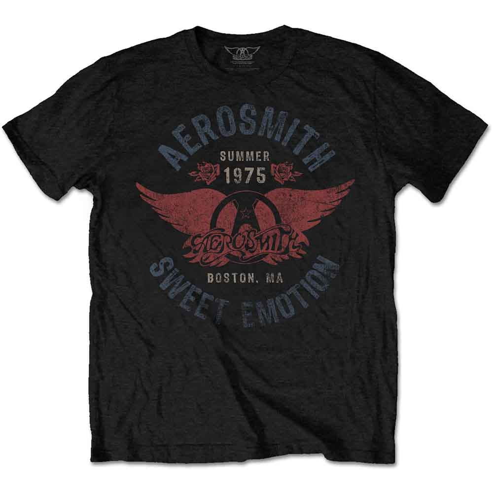 Black Aerosmith t-shirt with "Sweet Emotion" graphic and winged logo.