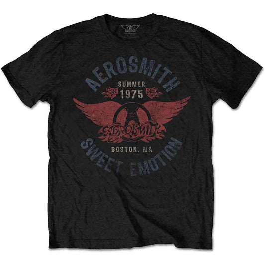 Black Aerosmith t-shirt with "Sweet Emotion" graphic and winged logo.