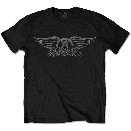 Black t-shirt with a silver Aerosmith winged logo on the chest.