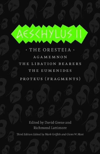 Book cover for "Aeschylus II: The Oresteia" with repeating helmet silhouettes.