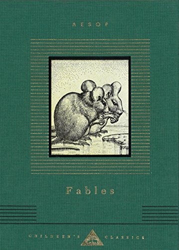 Green book cover with gold text Aesop Fables and an illustration of two mice.