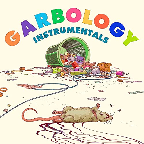 Album cover for "GARBOLOGY INSTRUMENTALS" featuring a tipped trash can and rat.