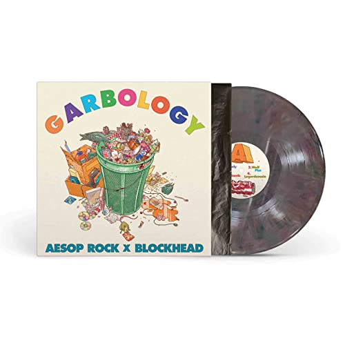GARBOLOGY" vinyl record by Aesop Rock & Blockhead, with colorful trash illustration.