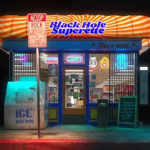 Album cover for Aesop Rock’s “Black Hole Superette” depicting a brightly lit store.