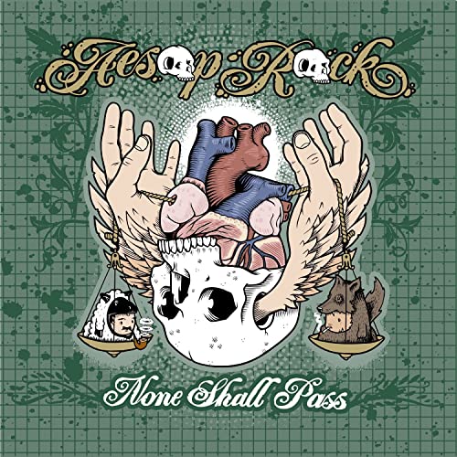Aesop Rock’s “None Shall Pass” album cover: skull, hands, heart, and animals.