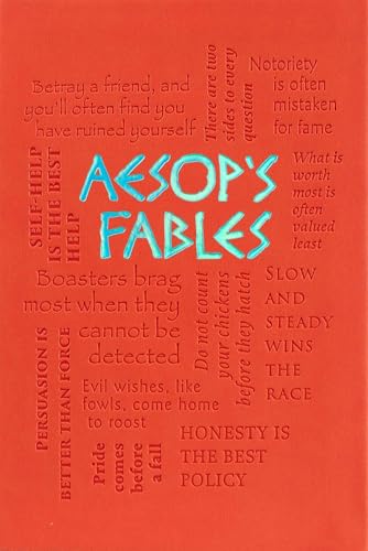 Red book cover with white text excerpts and blue "Aesop's Fables" title.