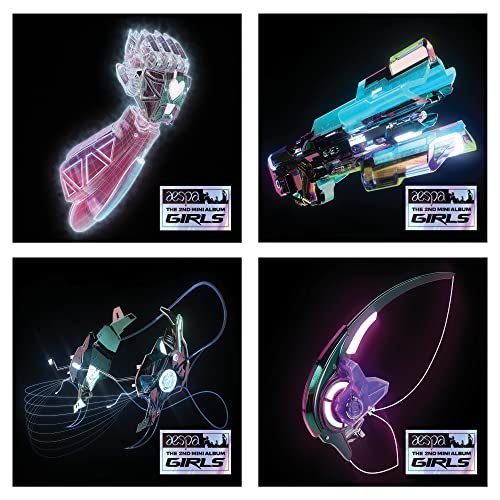 Four album covers featuring futuristic, glowing weapon-like objects and “aespa Girls” text.
