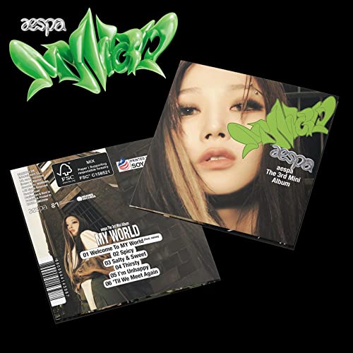 aespa’s “MY WORLD” album cover featuring a portrait and green foliage.