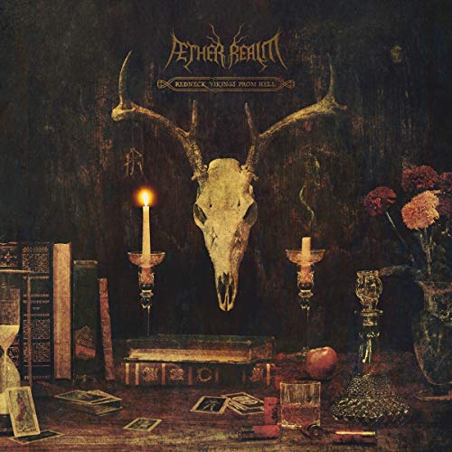"Album cover with deer skull, candles, and various objects on a dark, ornate table."