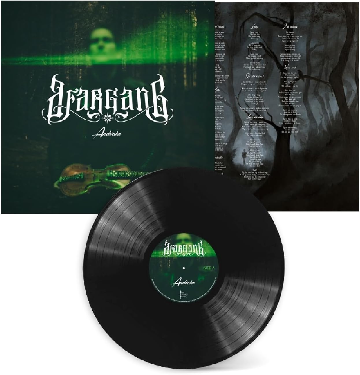 Vinyl record with dark forest imagery and band name "Afargang.