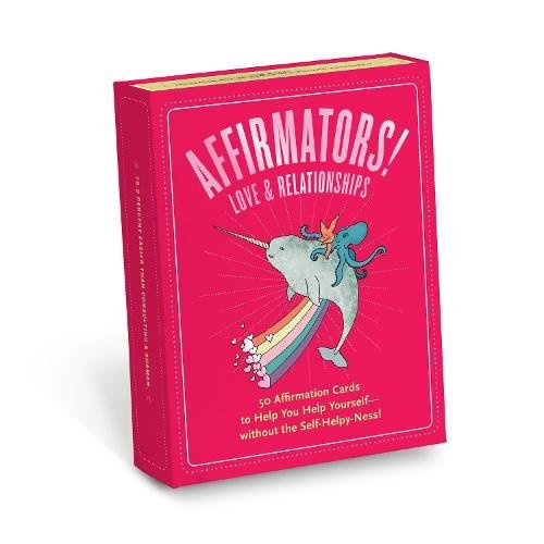Pink card deck titled "Affirmators! Love & Relationships" with a unicorn and octopus.