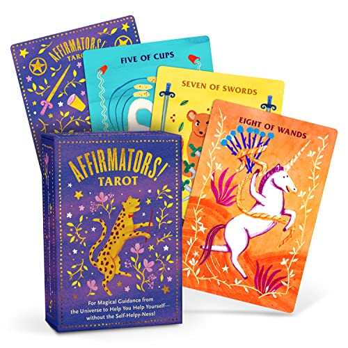 Colorful tarot card deck and box with illustrated animals and stars.