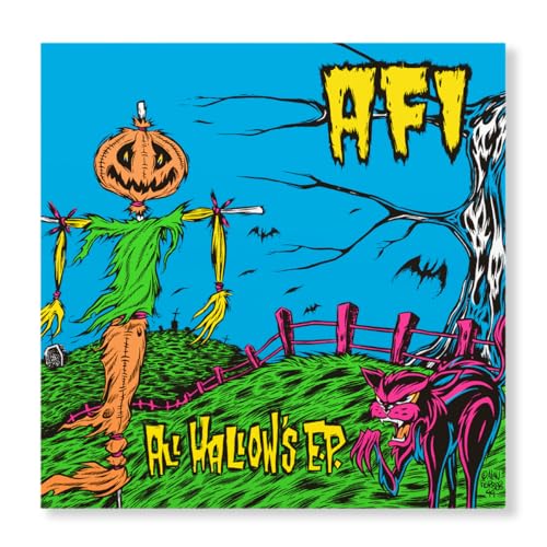 AFI’s “All Hallow’s E.P.” vinyl cover: pumpkin, scarecrow, cat, and bats.