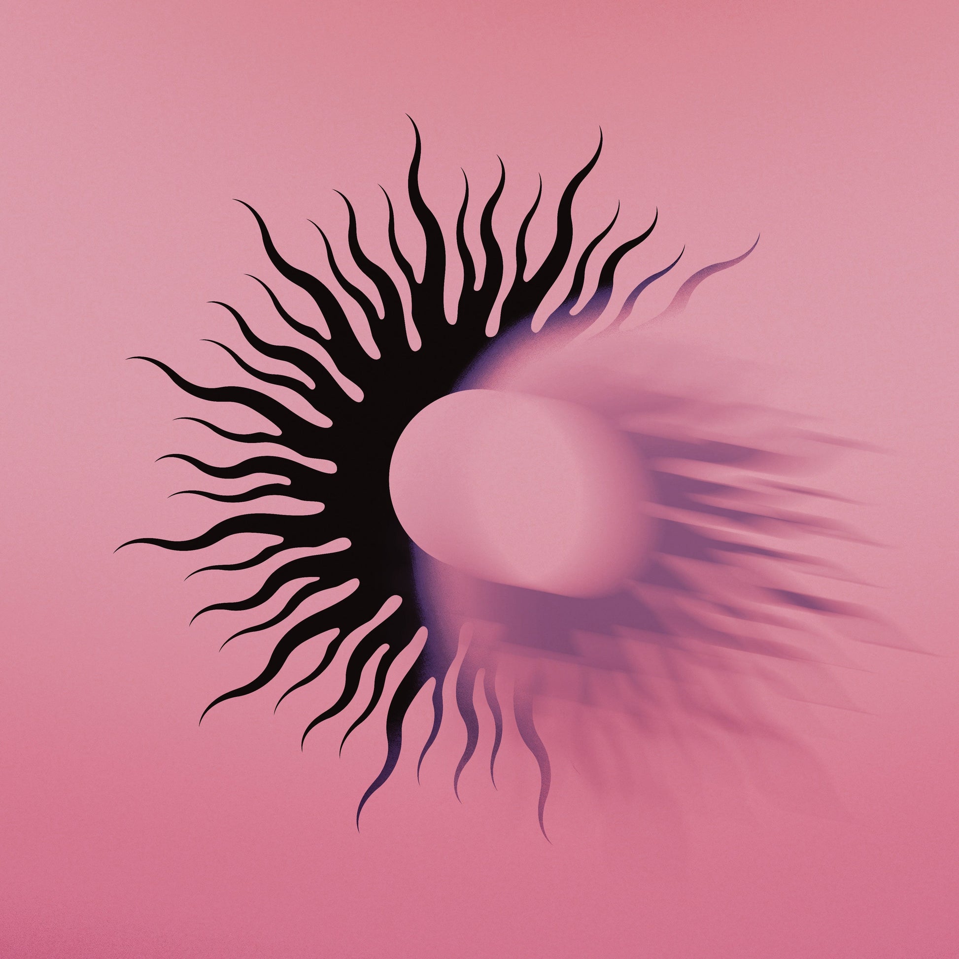Black spiky sunburst design over a pink background.