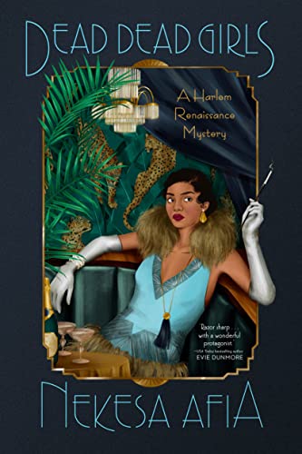 Book cover: woman in blue dress with gloves, art deco background.