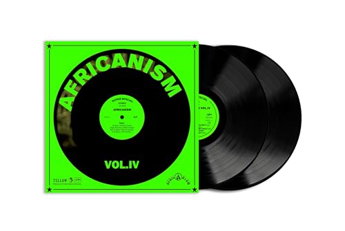 Two black vinyl records with a bright green and black album cover.
