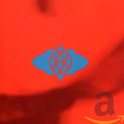 Red album cover with a blue geometric symbol and letter "a".