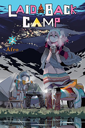 Two anime girls camping at night with a distant city view in the background.