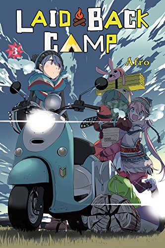 Two girls on a scooter loaded with camping gear, cover art for Laid-Back Camp.