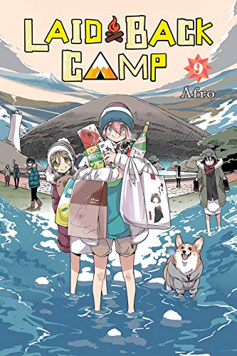 Laid-Back Camp" volume 9 cover with characters on a beach with a corgi.