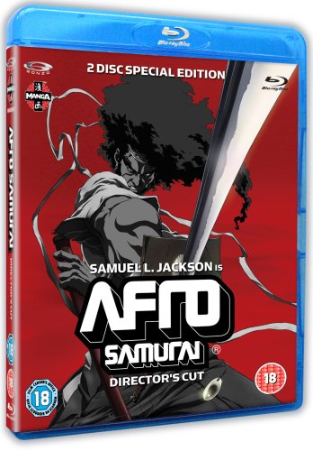 "Blu-ray case with red cover featuring a man with an afro and sword."