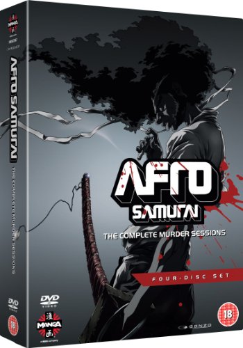 DVD cover for “Afro Samurai” featuring a silhouetted samurai with a katana.