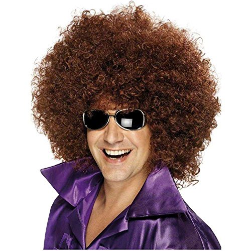 Man wearing a large, brown, curly afro wig and sunglasses.