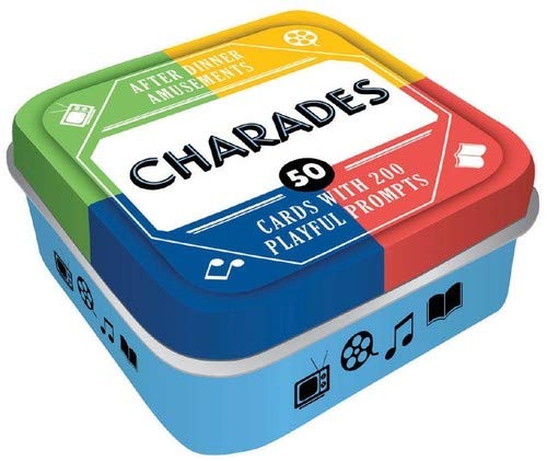 Square tin box for After Dinner Amusements Charades game with colorful lid design.