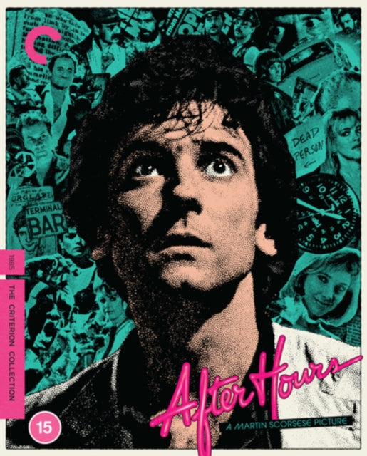 Stylized collage of After Hours movie scenes with a central portrait in teal tones.