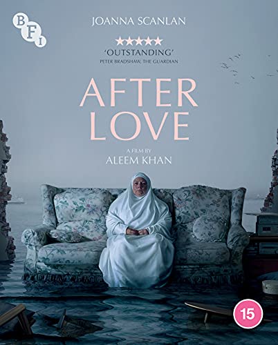 Blu-ray cover for “After Love” featuring a woman seated on a floral sofa.